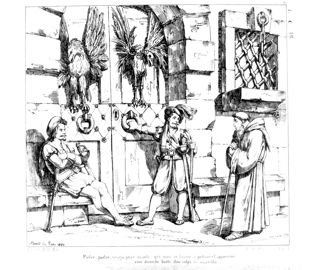due bravi fanno entrare padre Cristoforo al palazzo di Don Rodrigo (stampa) di Pinelli Bartolomeo (sec. XIX)