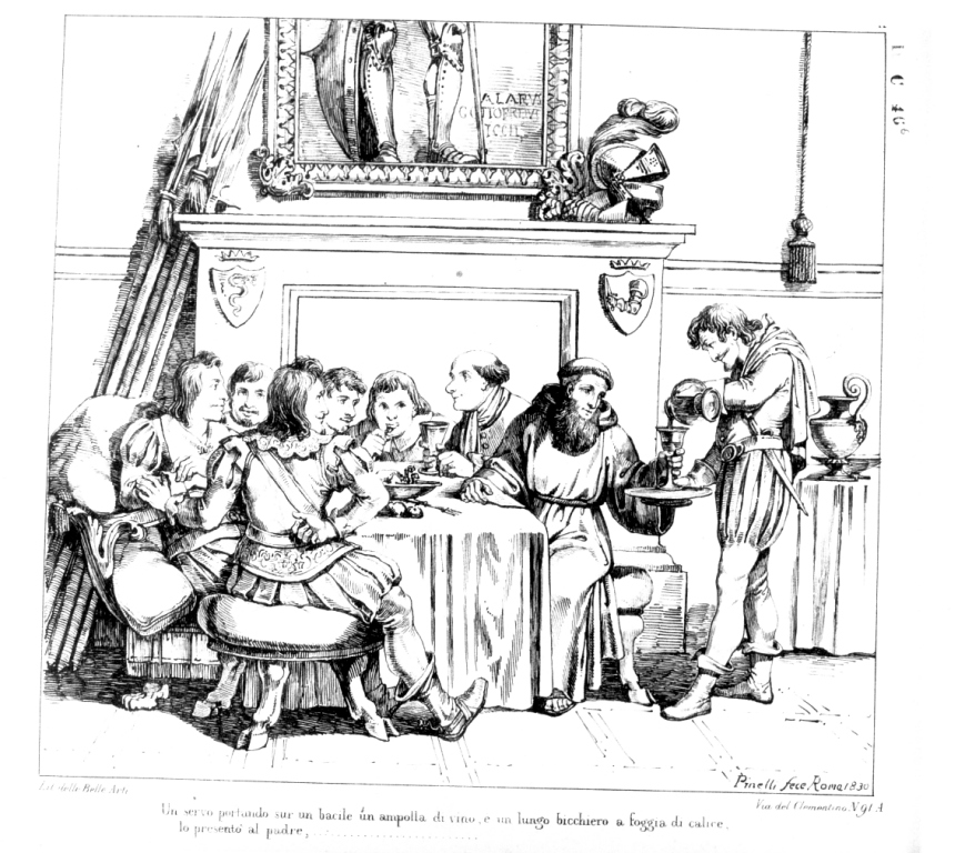 padre Cristoforo al banchetto di don Rodrigo (stampa) di Pinelli Bartolomeo (sec. XIX)
