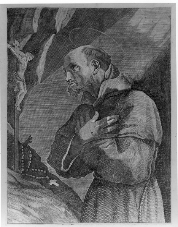 San Francesco d'Assisi in preghiera (stampa smarginata) di Reni Guido (sec. XVIII)