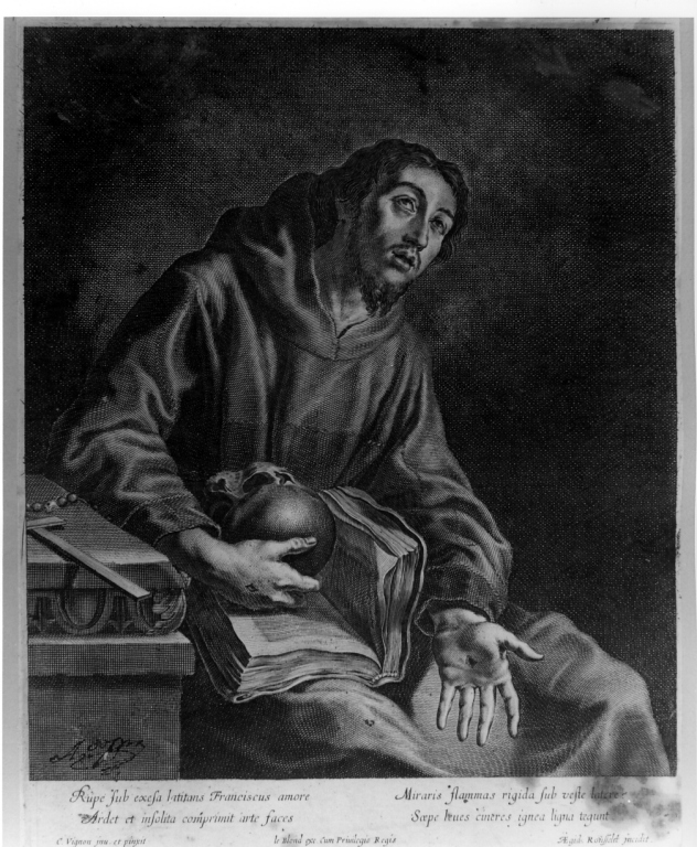 San Francesco d'Assisi morente ha la visione dell'angelo che suona il violino (stampa smarginata) di Rousselet Gilles, Vignon Claude (sec. XVII)