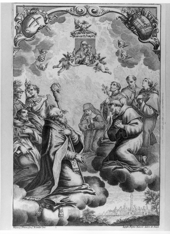 Madonna con Bambino in gloria e Santi (stampa) di Foschi Giuseppe, Rombò Marco Francesco (sec. XVIII)