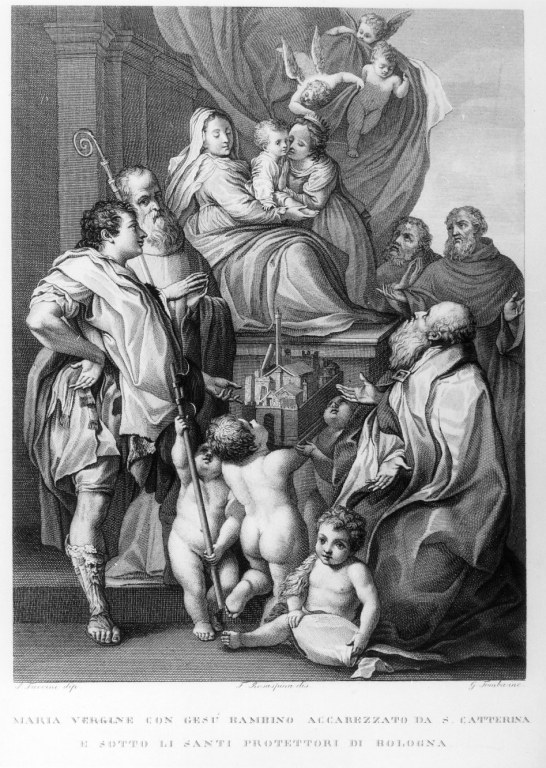 Madonna con Bambino, Santa Caterina e Santi protettori di Bologna (stampa) di Tomba G, Rosaspina Francesco, Faccini Pietro (prima metà sec. XIX)