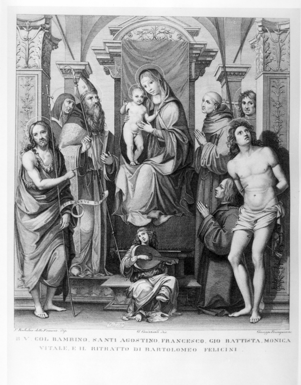 Madonna con Bambino, San Giovanni Battista, Sant'Agostino, Santa Monica, San Vitale, San Francesco, San Sebastiano e ritratto di Bartolomeo Felicini (stampa) di Raibolini Francesco detto Francesco Francia, Rosaspina Francesco (primo quarto sec. XIX)