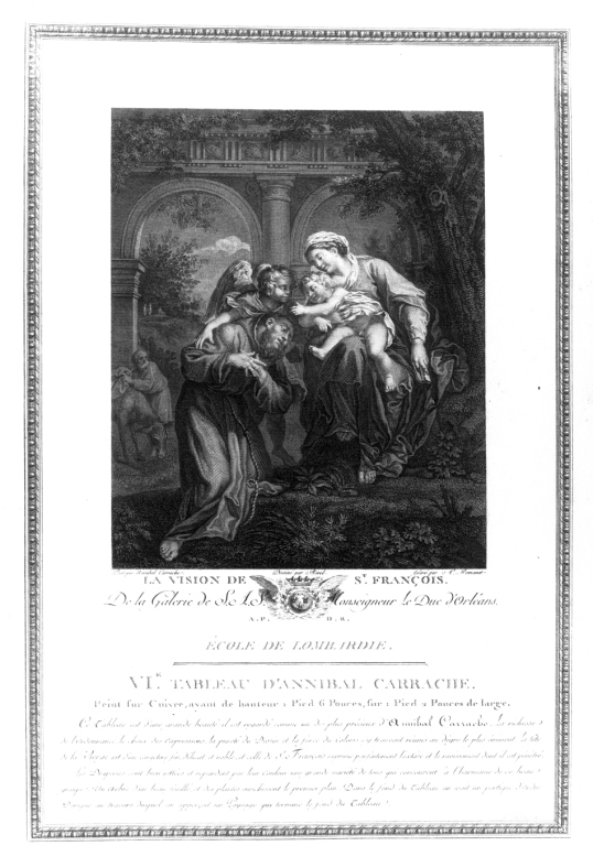 visione di San Francesco d'Assisi alla Porziuncola (stampa) di Romanet Antoine Louis, Borel Antoine, Carracci Annibale (ultimo quarto sec. XVIII)