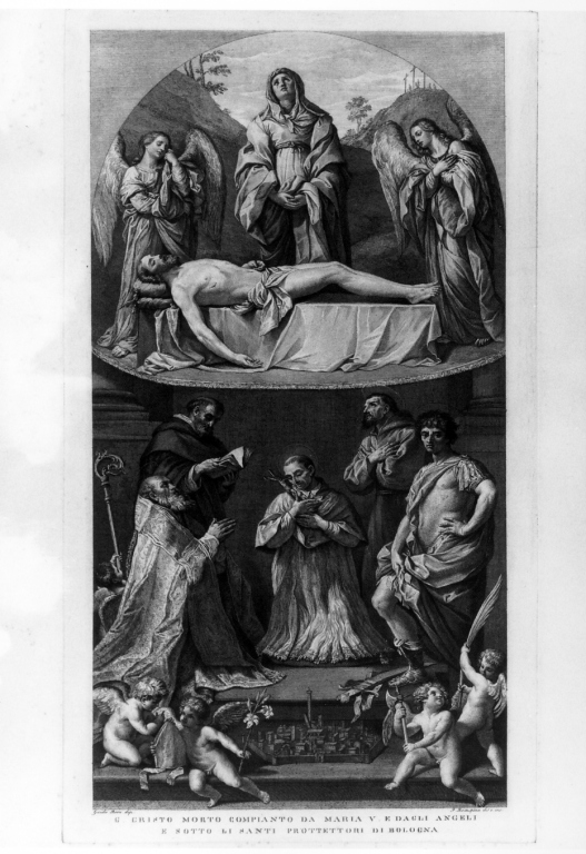 compianto sul Cristo morto e Santi protettori di Bologna (stampa) di Rosaspina Francesco (prima metà sec. XIX)