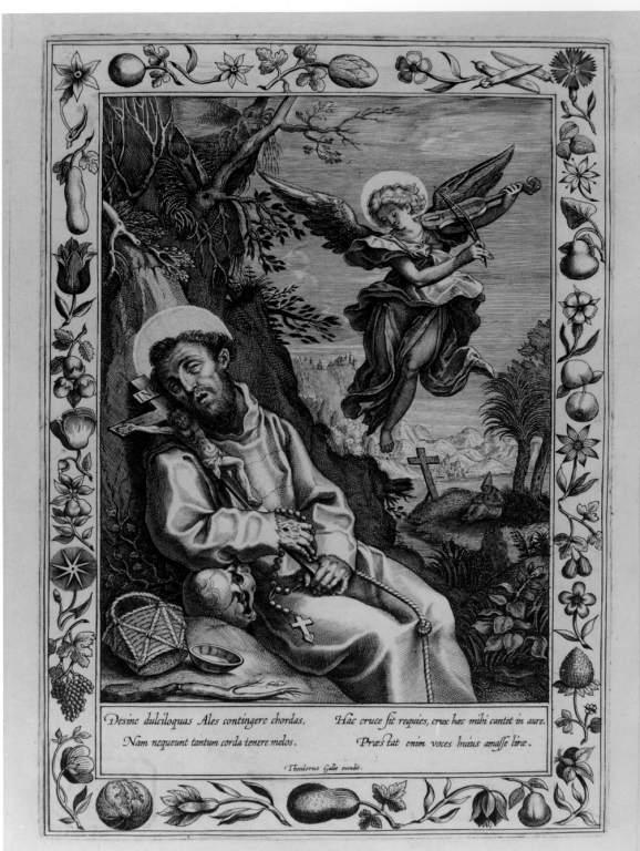 San Francesco d'Assisi morente ha la visione dell'angelo che suona il violino (stampa) di Vanni Francesco (sec. XVII)