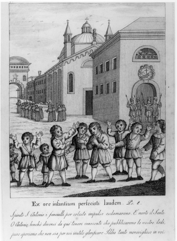 funerali di Sant'Antonio da Padova (stampa smarginata) di Colombo Antonio (sec. XIX)