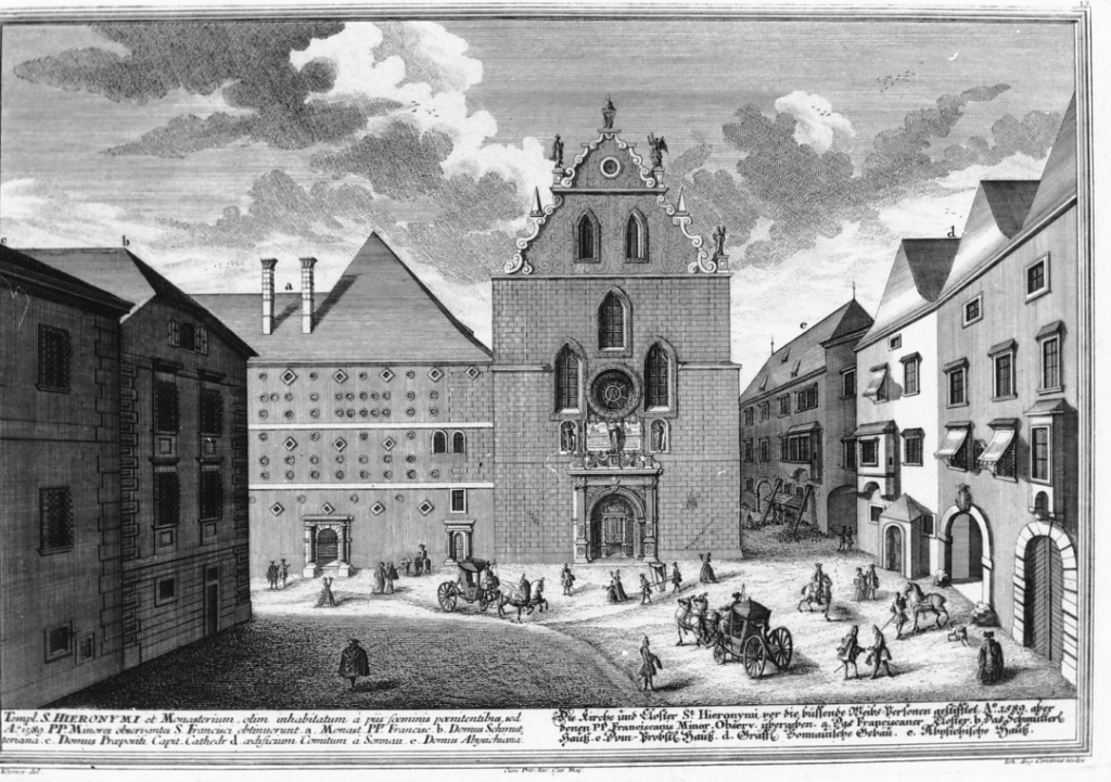 Chiesa di San Girolamo e monastero dei Francescani a Vienna (stampa) di Corvinus Johann August, Kleiner Salomon (inizio sec. XVIII)