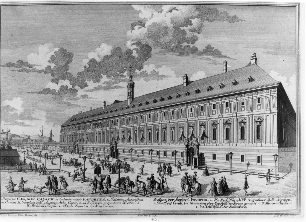 veduta del palazzo imperiale detto Favorita (stampa) di Heumann Georg Daniel, Kleiner Salomon (prima metà sec. XVIII)