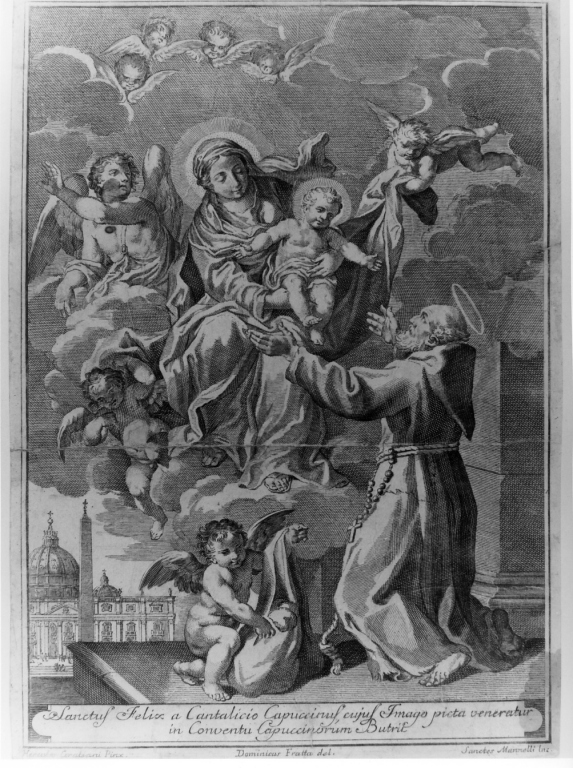 apparizione della Madonna con Bambino a San Felice da Cantalice (stampa) di Manelli Sante, Fratta Domenico Maria, Graziani Ercole il Giovane (prima metà sec. XVIII)
