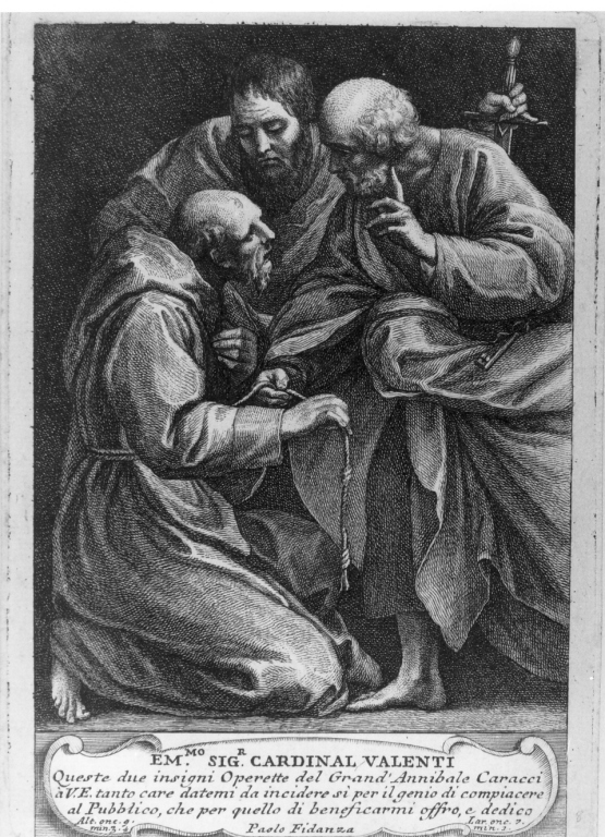 San Francesco d'Assisi con San Pietro e San Paolo (stampa) di Fidanza Paolo, Carracci Annibale (seconda metà sec. XVIII)