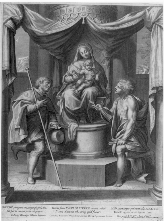 Madonna con Bambino in trono con San Rocco e San Sebastiano (stampa) di Bloemaert Cornelius il Giovane, Fiori Barocci detto Federico Barocci (sec. XVII)