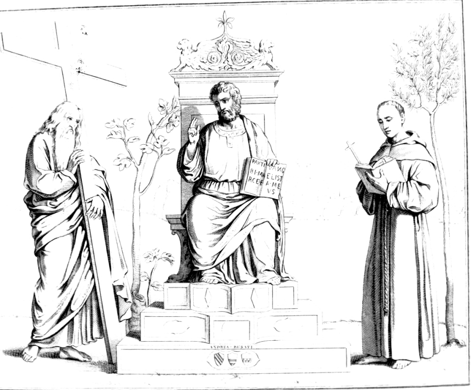 San Marco in trono con Sant'Andrea e San Bernardino da Siena (stampa smarginata) di Busati Andrea, Busato Giovanni, Viviani Antonio (sec. XIX)
