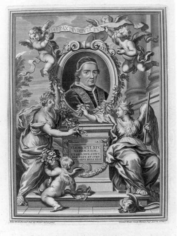 ritratto di papa Clemente XIV Ganganelli con angeli e figure allegoriche (stampa) di Porta Giovanni Domenico, Tinti Camillo (sec. XVIII)