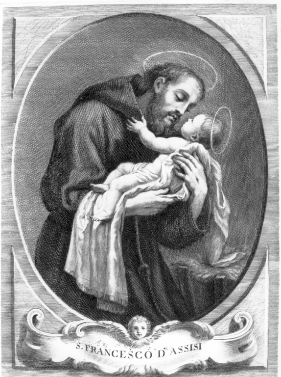 San Francesco d'Assisi abbraccia Gesù Bambino (stampa smarginata) di Scacciati Andrea, Amigoli Sebastiano, Rosselli Matteo (sec. XVIII)