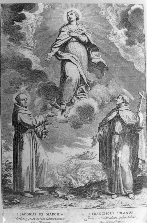 Immacolata Concezione con San Giacomo della Marca e San Francesco Solano (stampa smarginata) di Mattioli Lodovico, Fratta Domenico Maria (sec. XVIII)