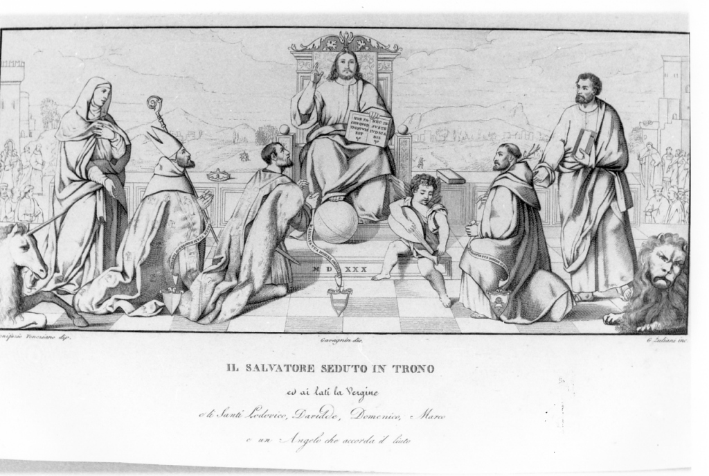 Cristo in trono con la Madonna, San Ludovico di Tolosa, San Domenico, San Marco e re Davide (stampa smarginata) di De Pitati Bonifacio detto Bonifacio Veronese, Garagnin, Zuliani Giuliano (inizio sec. XIX)