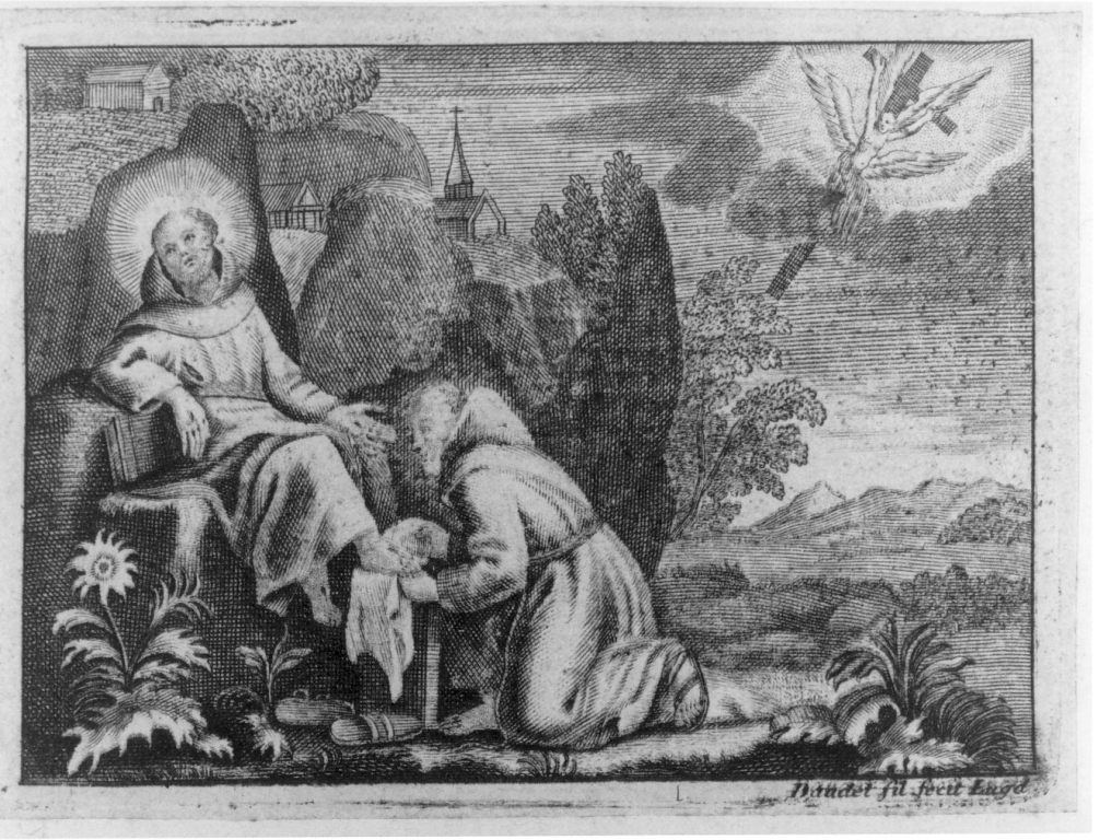 San Francesco d'Assisi riceve le stimmate ed è curato da un frate (stampa) di Daudet Robert (prima metà sec. XVIII)