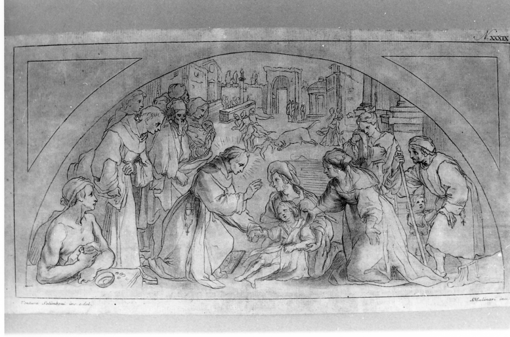 miracolo di San Bernardino da Siena (stampa) di Mulinari Stefano, Salimbeni Ventura (seconda metà sec. XVIII)