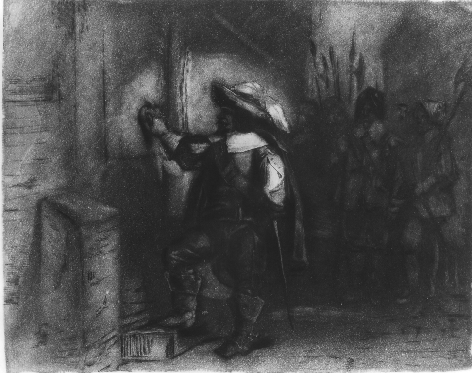 soldato in piedi che batte alla porta (stampa) di Calamatta Luigi (e aiuti) (sec. XIX)