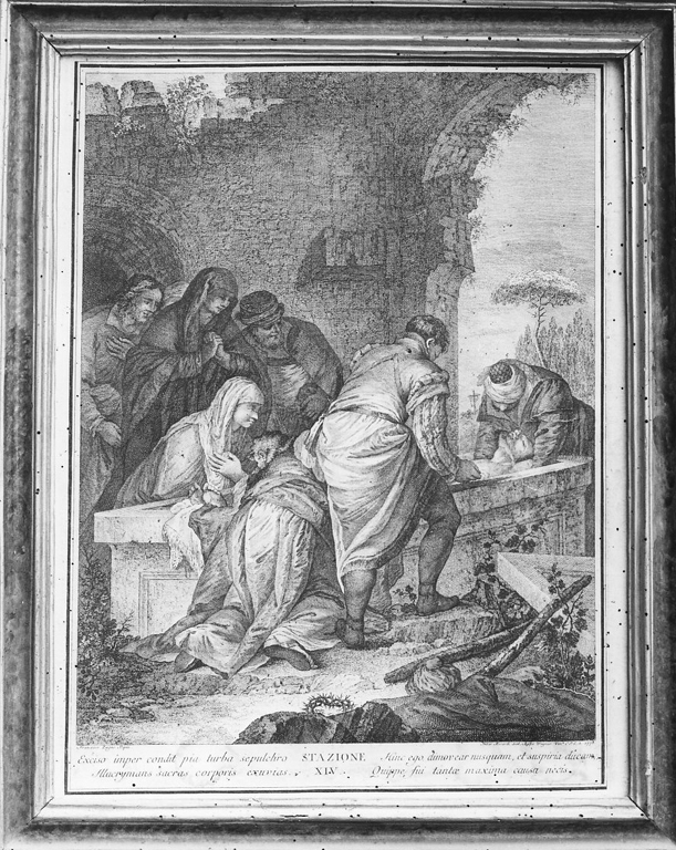 Stazione XIV: Gesù deposto nel sepolcro (stampa) di Zugno Francesco, Berardi Fabio (sec. XVIII)