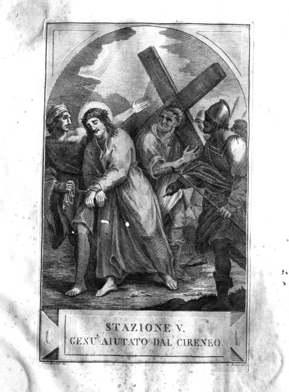 stazione V: Gesù aiutato da Simone il Cireneo (stampa, serie) di Agricola Luigi, Bombelli Pietro Leone (sec. XIX)