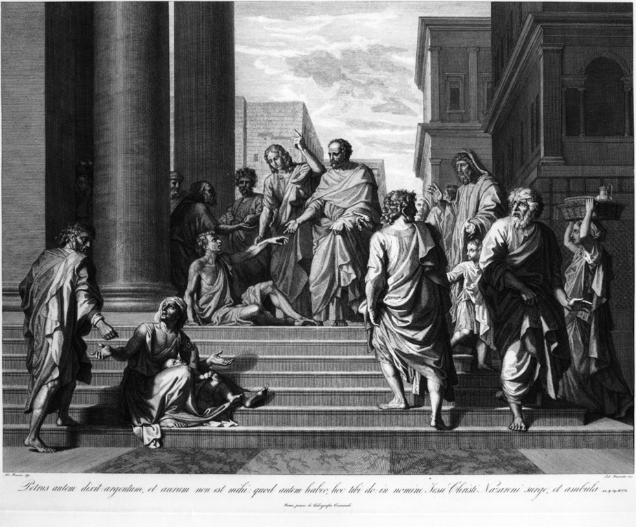 San Pietro e San Giovanni Evangelista guariscono lo storpio (stampa) di Poussin Nicolas, Prosseda Ludovico (sec. XIX)