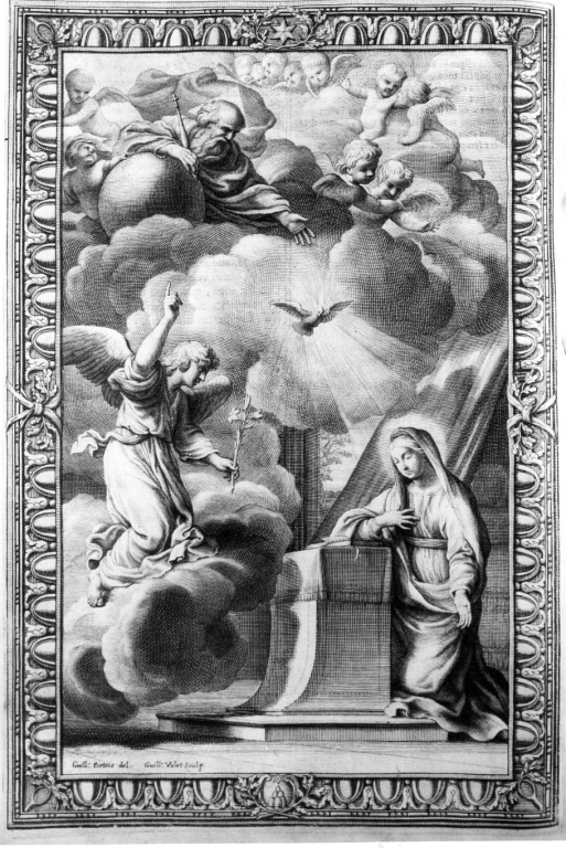 Annunciazione (stampa) di Courtois Jacques detto Borgognone, Vallet Guillame (sec. XVII)