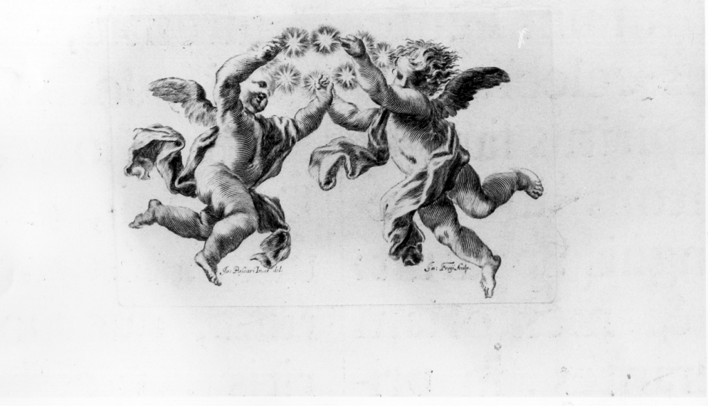 putti sorreggenti corona (stampa) di Passaro Giuseppe, Frey Jakob (sec. XVIII)