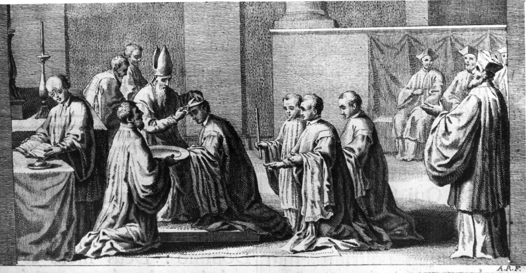 Tonsura e vestizione (stampa) di Rossi Andrea (sec. XVIII)