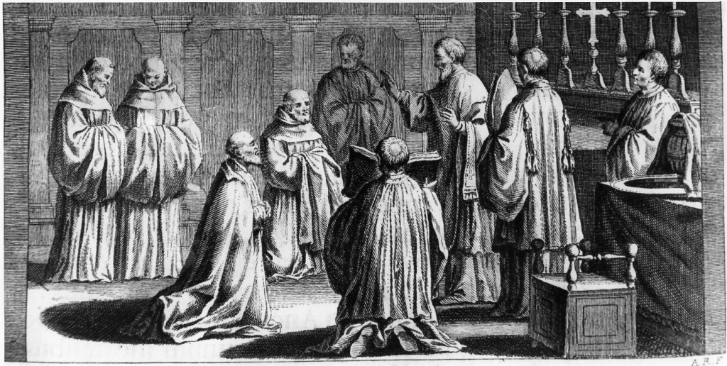 consacrazione dei vescovi; consegna della veste (stampa) di Rossi Andrea (sec. XVIII)