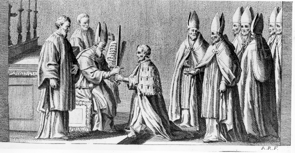 Incoronazione e benedizione del re (stampa) di Rossi Andrea (sec. XVIII)