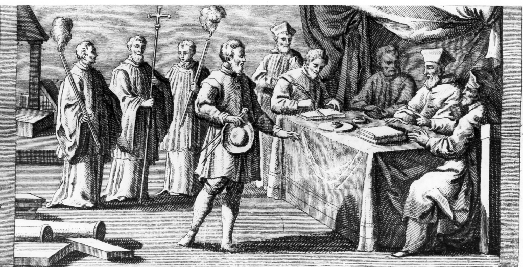 il vescovo benedice la prima pietra della chiesa in costruzione (stampa) di Rossi Andrea (sec. XVIII)