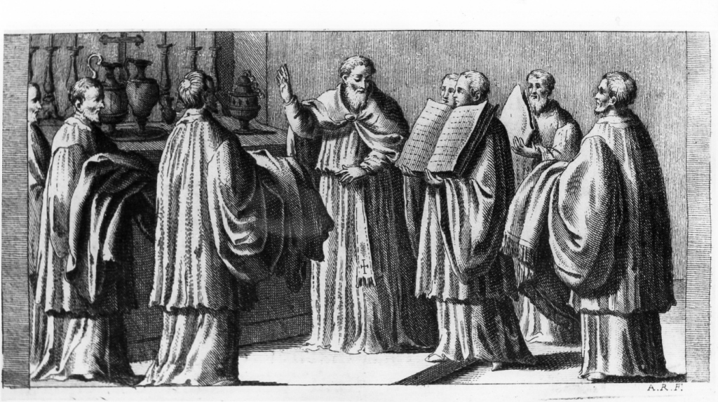 il vescovo consacra i vasi e gli arredi sacri (stampa) di Rossi Andrea (sec. XVIII)