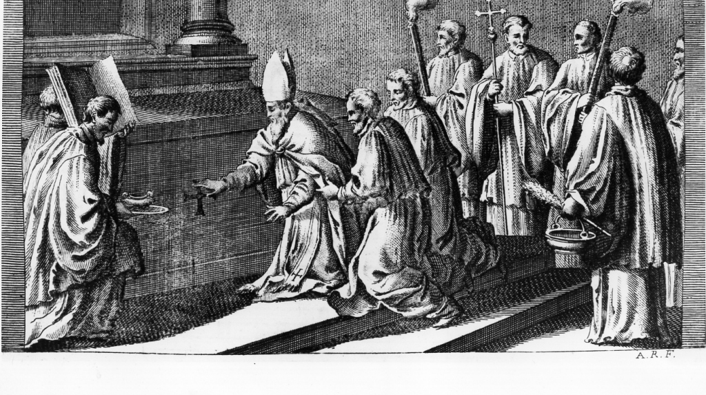 il vescovo compie il rito della consacrazione dell'altare (stampa) di Rossi Andrea (sec. XVIII)