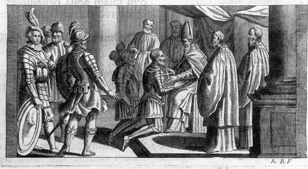 il vescovo consegna la croce benedetta al cavaliere (stampa) di Rossi Andrea (sec. XVIII)