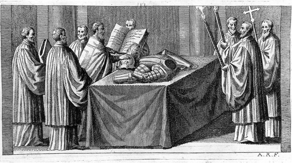 il vescovo benedice le armi (stampa) di Rossi Andrea (sec. XVIII)