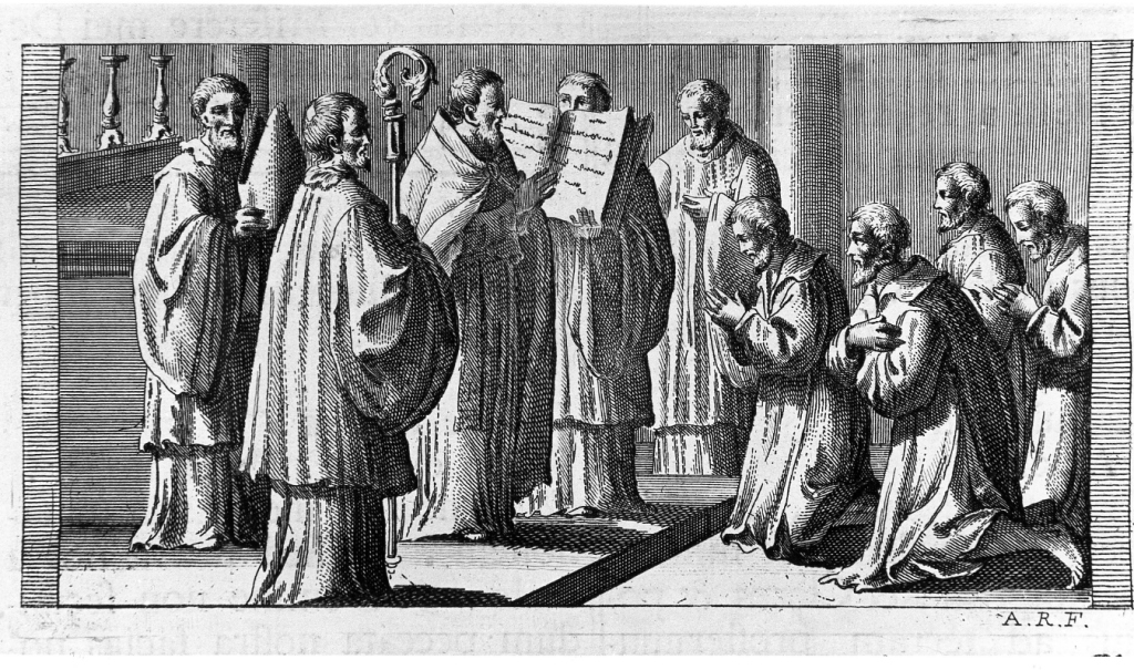 I penitenti sono accolti di nuovo in chiesa per la festa dell'istituzione della Eucarestia (stampa) di Rossi Andrea (sec. XVIII)