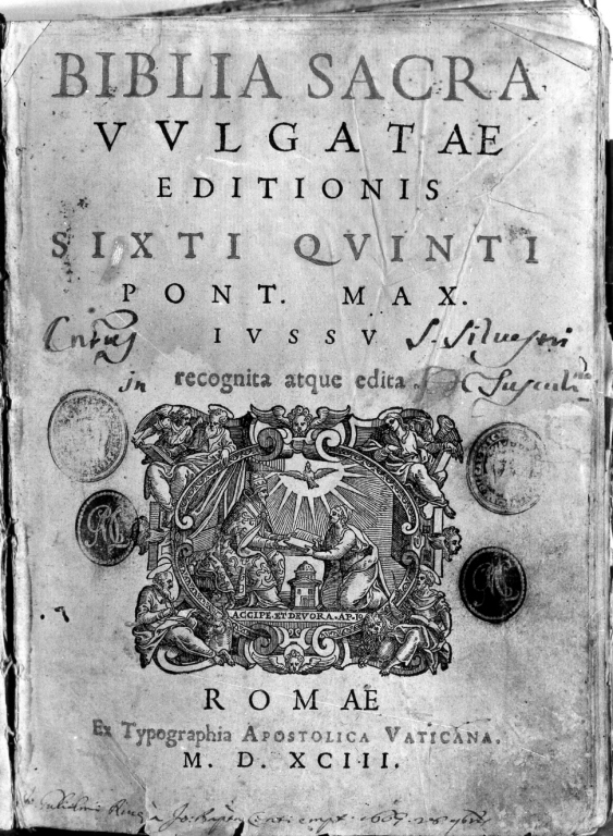 Sisto V consegna Libro Sacro ad un fedele (stampa) - ambito romano (sec. XVI)