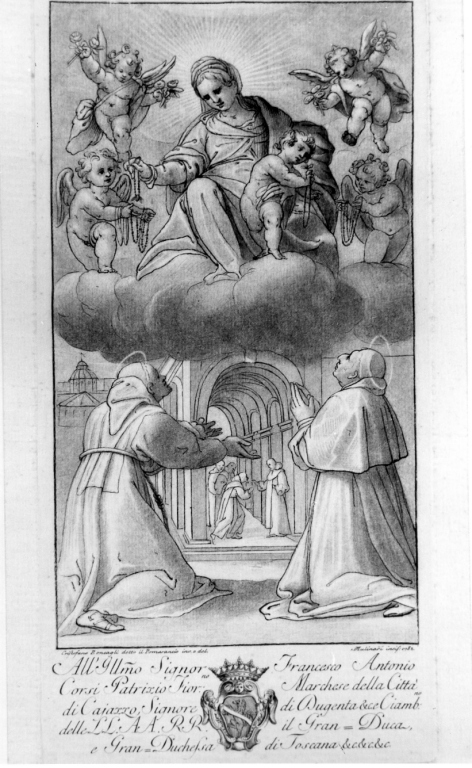 Madonna in trono con Bambino e i Santi Francesco, Domenico, Monica e Maria Maddalena (stampa) di Nadi Giovanni Francesco, Carracci Ludovico (sec. XVIII)