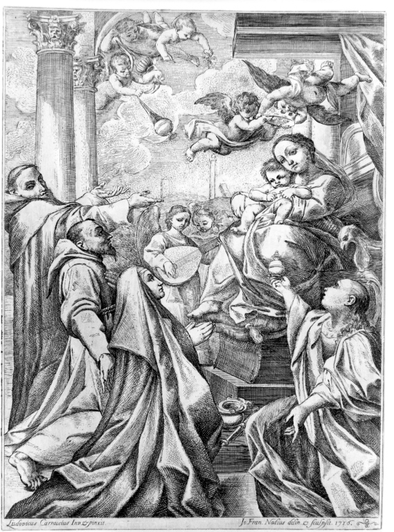 Madonna del Rosario con San Domenico e San Francesco (stampa) di Mulinari Stefano, Roncalli Cristoforo detto Pomarancio (sec. XVIII)