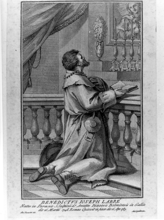 Benedetto Giuseppe Labrè in preghiera (stampa smarginata) di Parasini Antonio, Capellano Antonio (sec. XVIII)