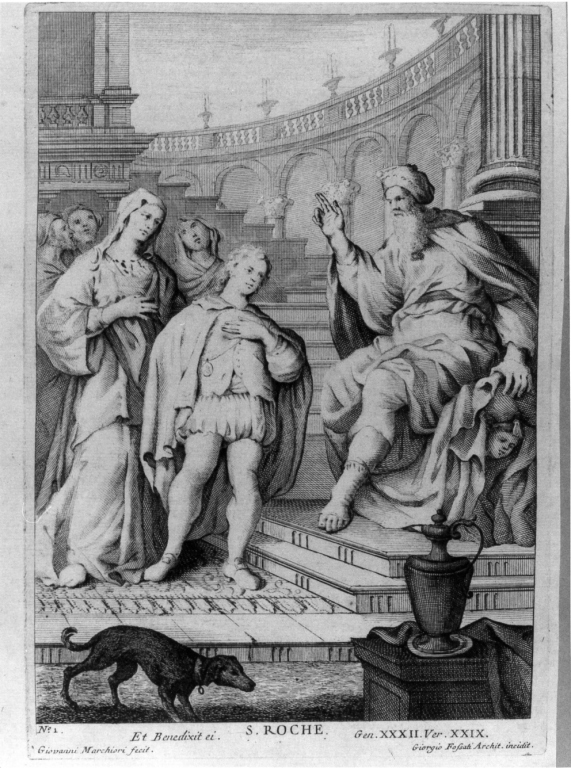 Benedizione del padre a San Rocco (stampa) di Marchiori Giovanni, Fossati Giorgio (sec. XVIII)