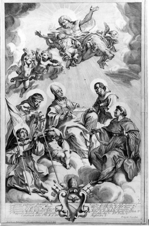 San Lorenzo Giustiniani in gloria con Cristo e i Santi Giovanni di San Facondo, Giovanni di Dio, Pasquale Baylon (stampa smarginata) di Van Westerhout Arnold (sec. XVII)