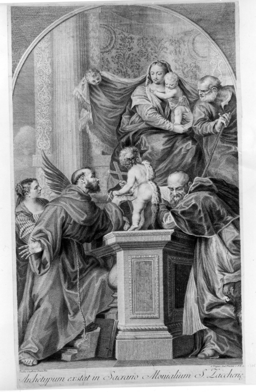 Madonna con Bambino, San Giuseppe e San Francesco d'Assisi (stampa smarginata) di Caliari Paolo detto Paolo Veronese, Wagner Giuseppe (seconda metà sec. XVIII)