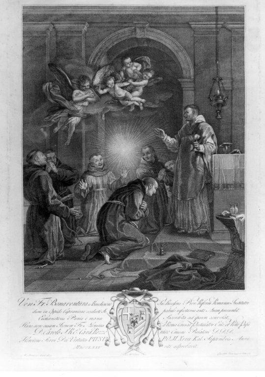 San Bonaventura e il miracolo dell'ostia (stampa) di Sforza Perini Giuseppe, Conca Tommaso, D'Antoni M. Antonio (sec. XVIII)