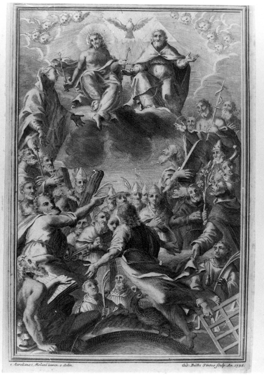 Trinità e la Madonna accolgono santi (stampa) di Sintes Giovanni Battista, Milani Aureliano (sec. XVIII)