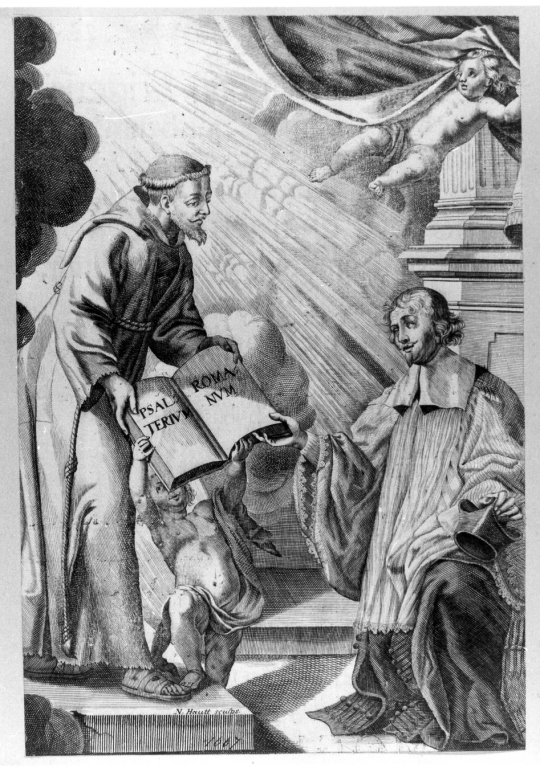 San Francesco dona il Salterio Romano a un prelato (stampa) di Hautt N (sec. XVII)