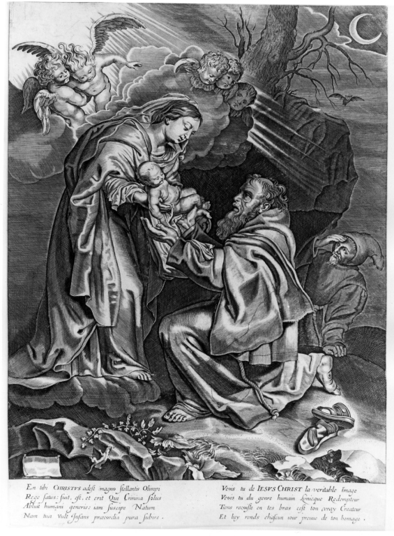 San Francesco d'Assisi riceve Gesù Bambino dalla Madonna (stampa) di Rubens Pieter Paul, Lasne Michel (sec. XVII)