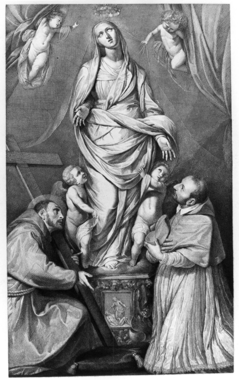 San Francesco d'Assisi e San Carlo Borromeo venerano la statua della Madonna con angeli (stampa) di Procaccini Camillo (inizio sec. XIX)